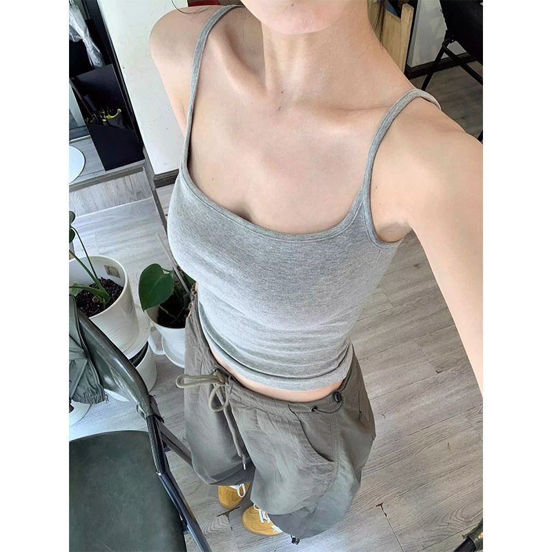 American Hot Girl Gray Pure Desire Camisole Women's 2024 Summer New Style Small Spaghetti Shoulder Straps Short Top for Outerwear