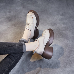 厚底小皮鞋女2023新款春秋季法式復古英倫風高跟系帶單鞋松糕鞋