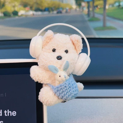 Car Ornaments, Cartoon Cute Plush Dolls, Car Center Console Screen, Car Interior Decorations, High-End Decorations for Women (Car ornaments) - white-headphones-west-highland-blue-bag-blue-rabbit-lying-down-ornaments