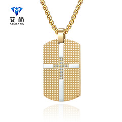 源頭廠家格紋間電軍牌CNC鑲石十字架項鍊跨境款男士鈦鋼吊墜