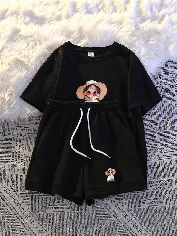 インスタイルパジャマ夏の漫画寮は家の服の外で着用できます新しい半袖ショーツツーピースセットカジュアルスポーツ|undefined