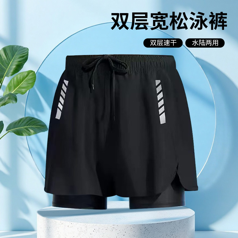 2025 nuevos bañadores de hombre de secado rápido doble anti-vergüenza suelta de gran tamaño bóxer natación en la playa aguas termales al por mayor