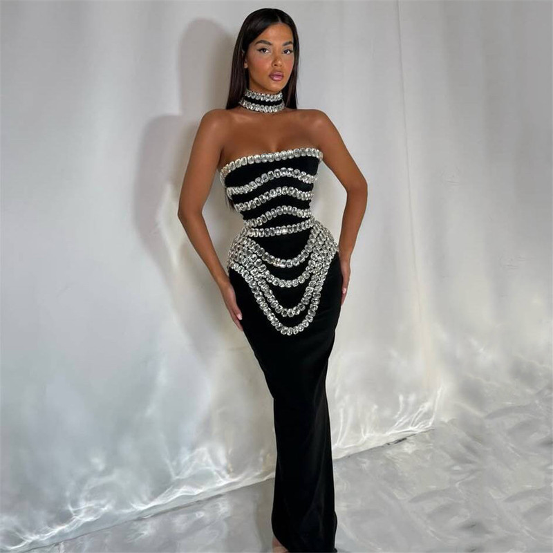 New Fashion Bandage dress Sexy Evening Dress European and American Simple Rhinestone Slim Dress Birthday Party