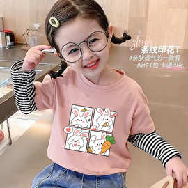 100%纯棉假两件女童春秋上衣新款拼接女宝宝卡通洋气长袖t恤衫潮