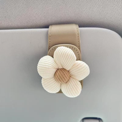 Car Glasses Holder, Sunglasses | Car Glasses Clip/Bill Clip - beige-microfiber-leather-pu-off-white-flower