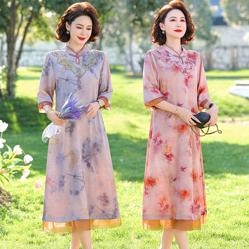 Лето 2025 г., этнический стиль, ретро, ​​вышивка на пуговицах, рукав три четверти, принт рами, новый китайский стиль, свободное платье с вышивкой нитками