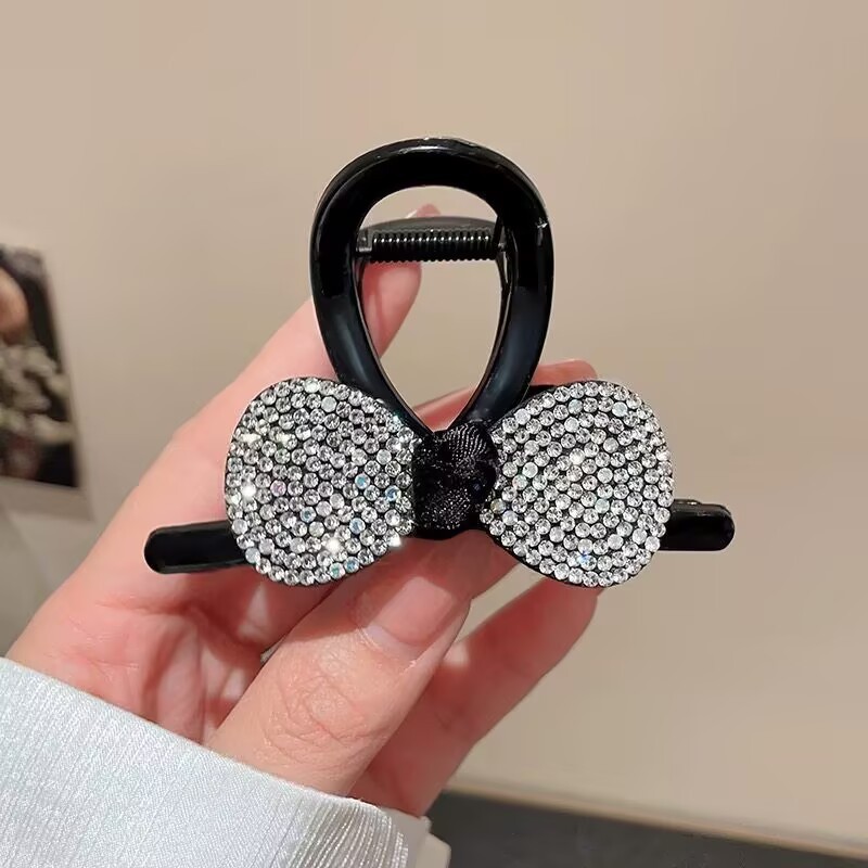 Advanced Satin Satin Big Black Bowknot Clip de tiburón Tocado Diamante cuadrado Horquilla en la parte posterior de la cabeza Clip de agarre Horquilla femenina