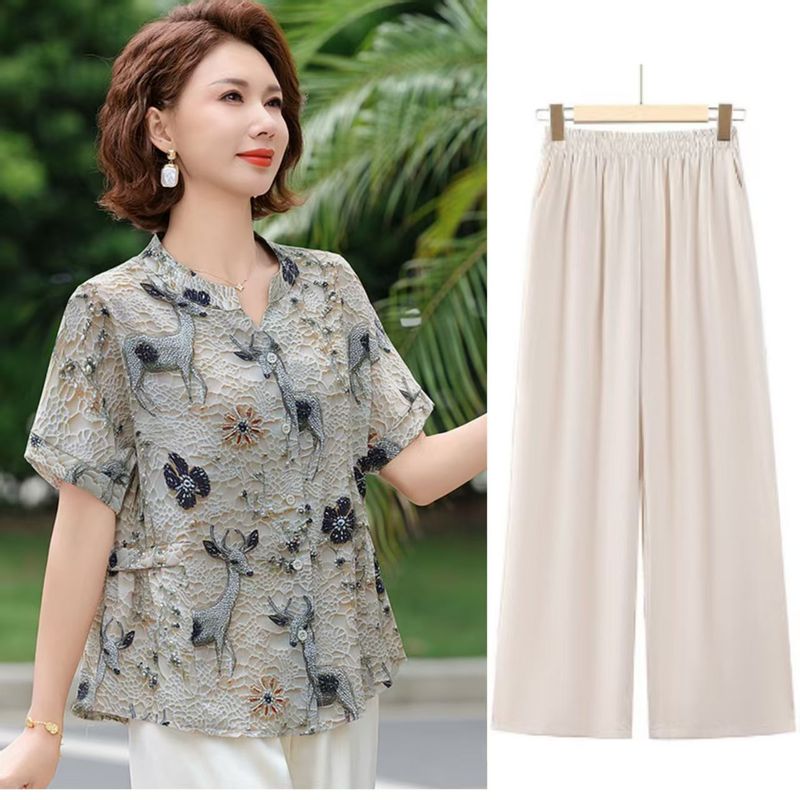 ママの夏のおしゃれトップス、中年半袖シャツ、婦人服、中高年女性の新作夏Tシャツ、洋風スーツ|undefined
