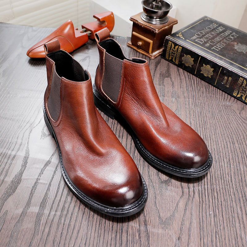 Men's thick soled cowhide leather shoes high-top slip-on ankle boots round head leather breathable_voghion.com