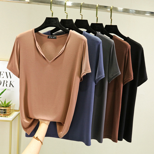 Women's Summer V-Neck Modest Short Sleeve T-Shirt Loose Korean Style Large Size Plain Color Base Layer Top Wearable Inner Shirt