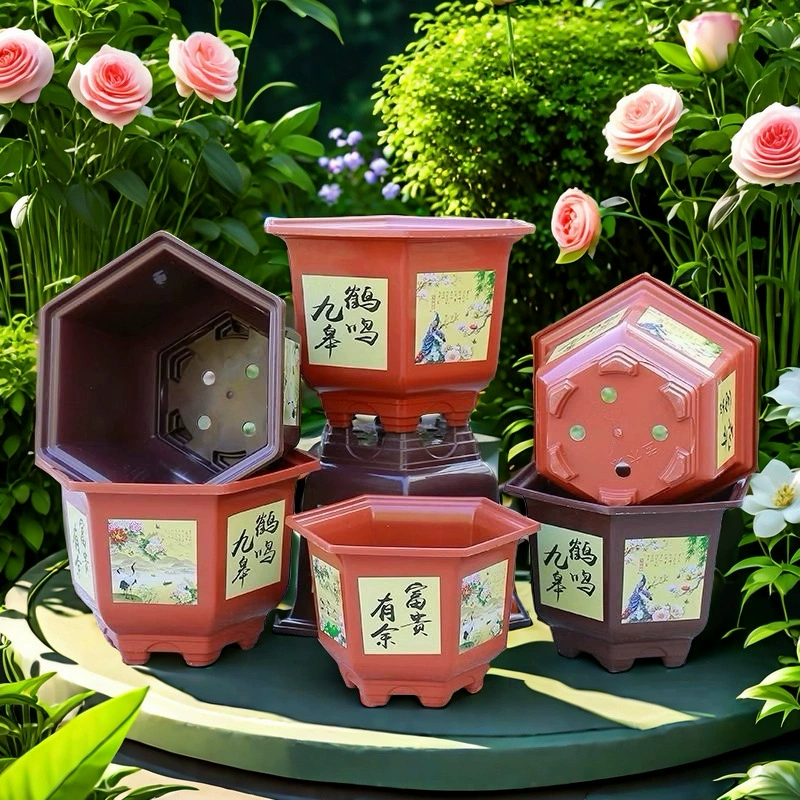 Утолщённый новый большой шестигранный горшок с имитацией фиолетового песка, с принтом фруктового дерева и розы, из пластиковой смолы для бонсай и цветов