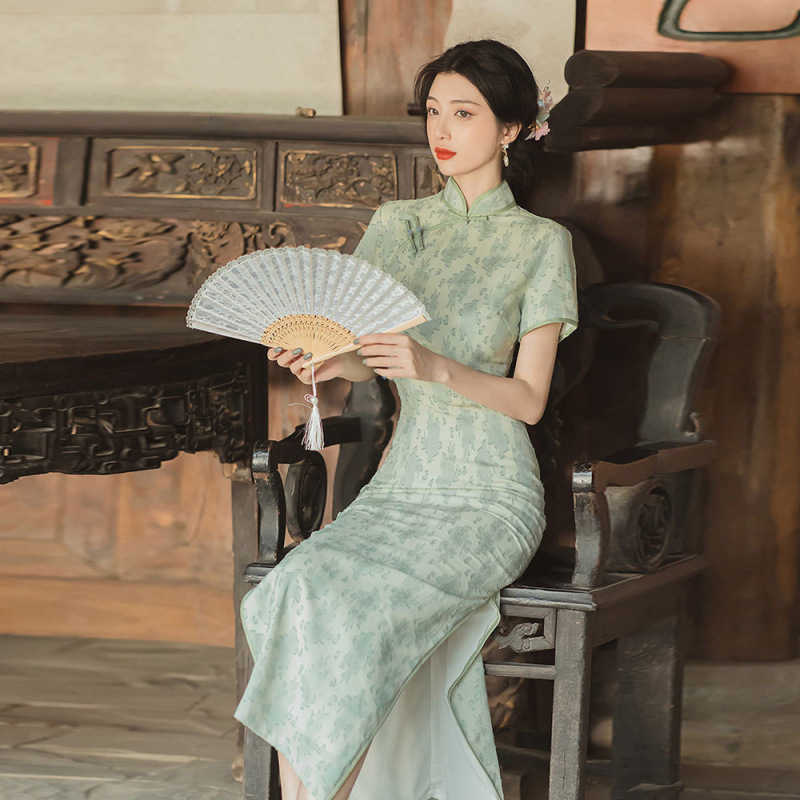 Improved Cheongsam Vintage Republic of China Style Elegant Slim-fit Long Dress Printed Young Girl's dress Sheath Straight Dress