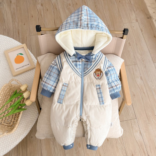 Baby winter down jacket fleece-lined thickened newborn baby jumpsuit warm college style white duck down outing romper