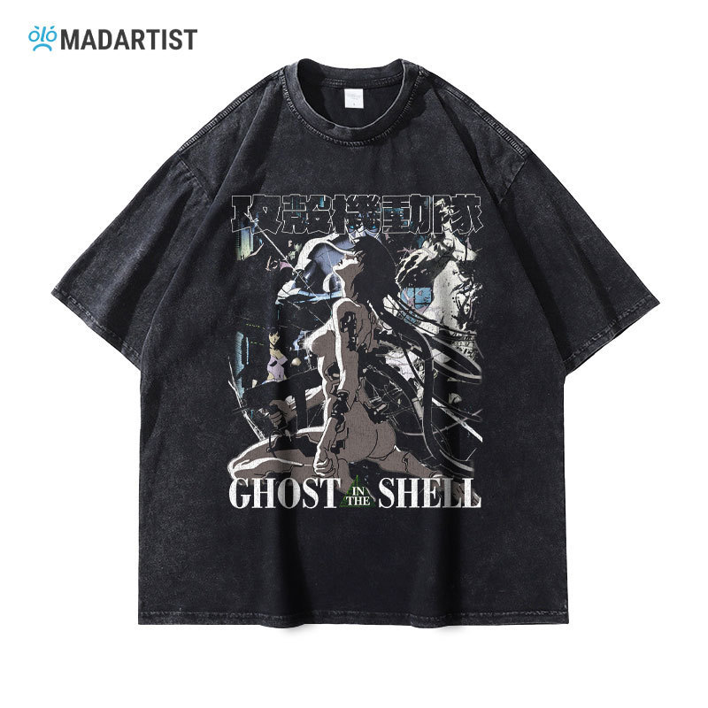Anime Grange in Shell Washed Old T-shirt High Street American Retro Kusanagi Printed Short-sleeved Men's Wear