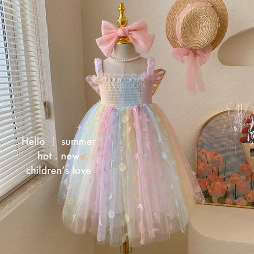 Girls Dress 2024 Summer New Children's Dream Elf Butterfly Rainbow Skirt Baby Suspender Princess Dress