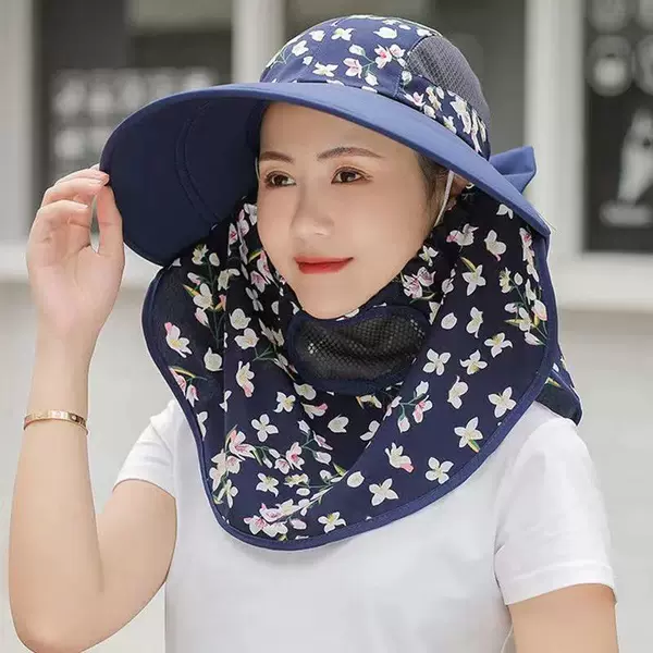 Summer Sun Hat Women's Sunscreen Face-Covering Shawl Riding Face-Covering Big-Eave Hat Mask Tea-Picking Hat Small Cherry Folding