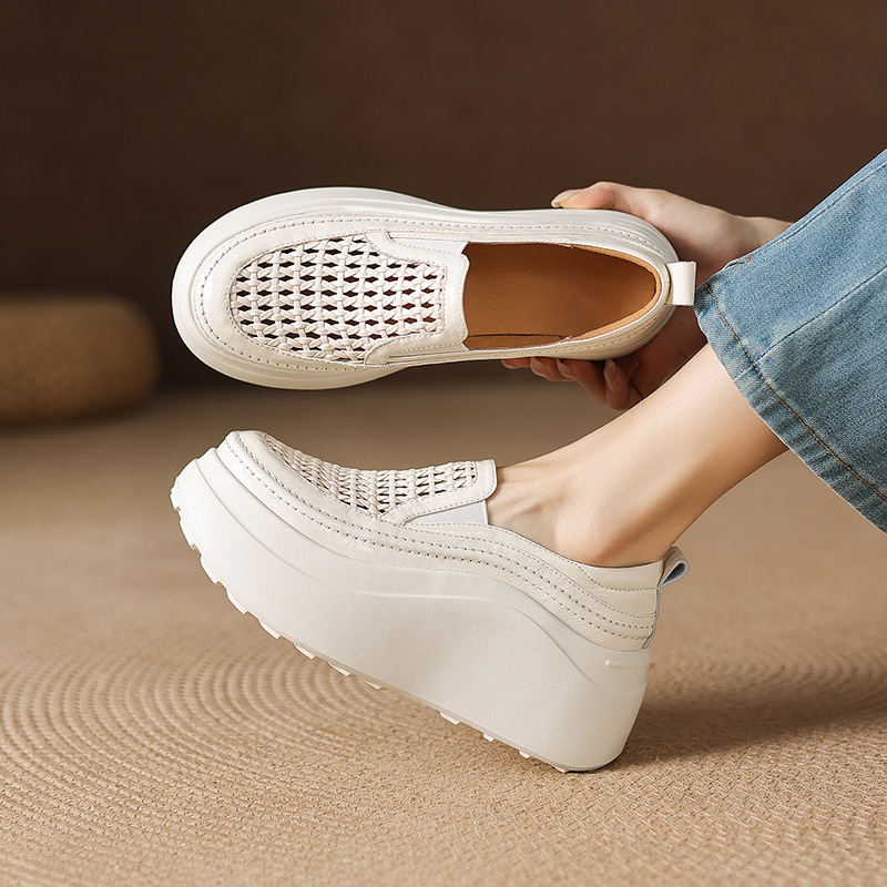 Giày sandal cao gót nữ hở mũi đế dày da thật mũi tròn phong cách lười — màu đen, màu trắng ngà