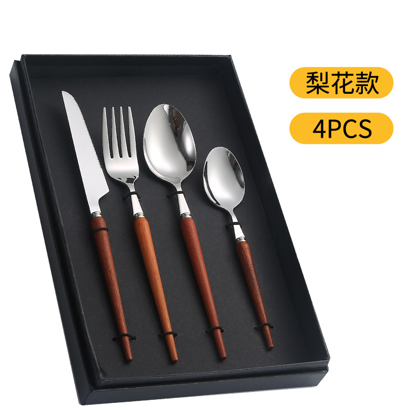 304 mango de madera de acero inoxidable cuchillo y tenedor portugués cuchara de postre cuchara de postre tenedor de cubierta de comida occidental cuchillo y tenedor de filete set cuchara