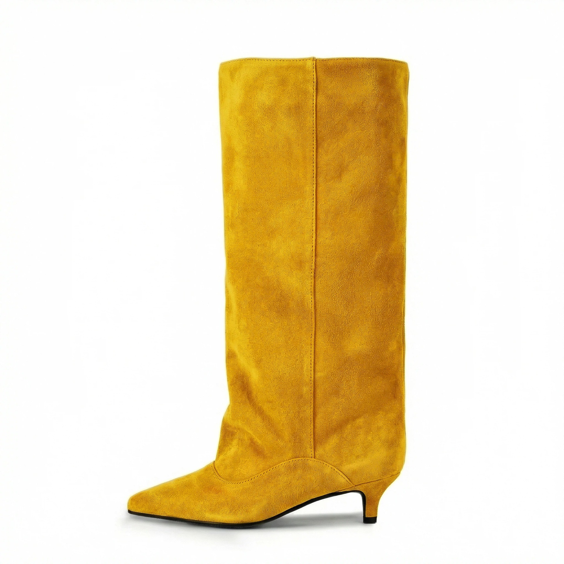 European and American Style Pointed Toe Slip-On Calf Boots, Size 45, Low Heel Mid-Calf Boots, Low Heel Suede Fashion Leather Knee-High Boots