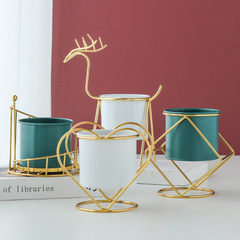 簡約北歐花瓶鐵架花架陶瓷水培花盆綠植鍍金花盆 ins鐵藝多肉花盆