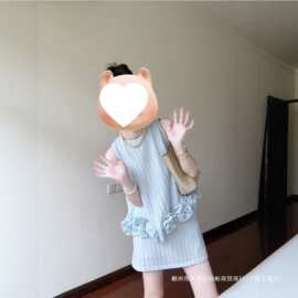 跨境一整套ootd女装穿搭套装蓝色无袖背心半身裙巨看绝美套装