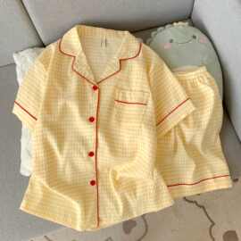 黄色格子睡衣女夏季云朵棉短袖短裤美少女学生卡通可爱家居服套装