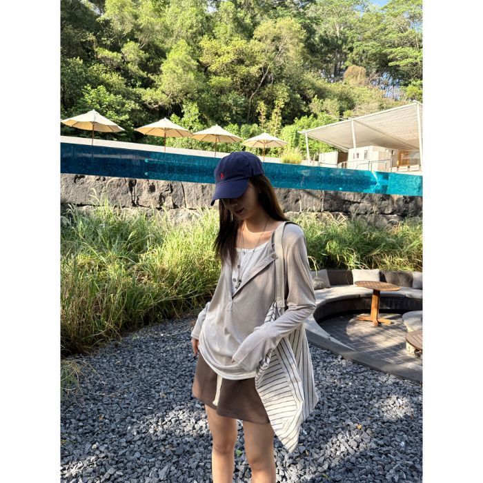 灰色假两件v领防晒罩衫长袖t恤女夏季薄款慵懒松弛感显瘦上衣体恤|undefined
