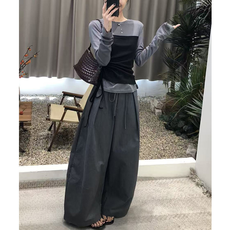 韩系女时尚撞色拼接假两件长袖上衣2025春秋款系带收腰阔腿裤套装|undefined