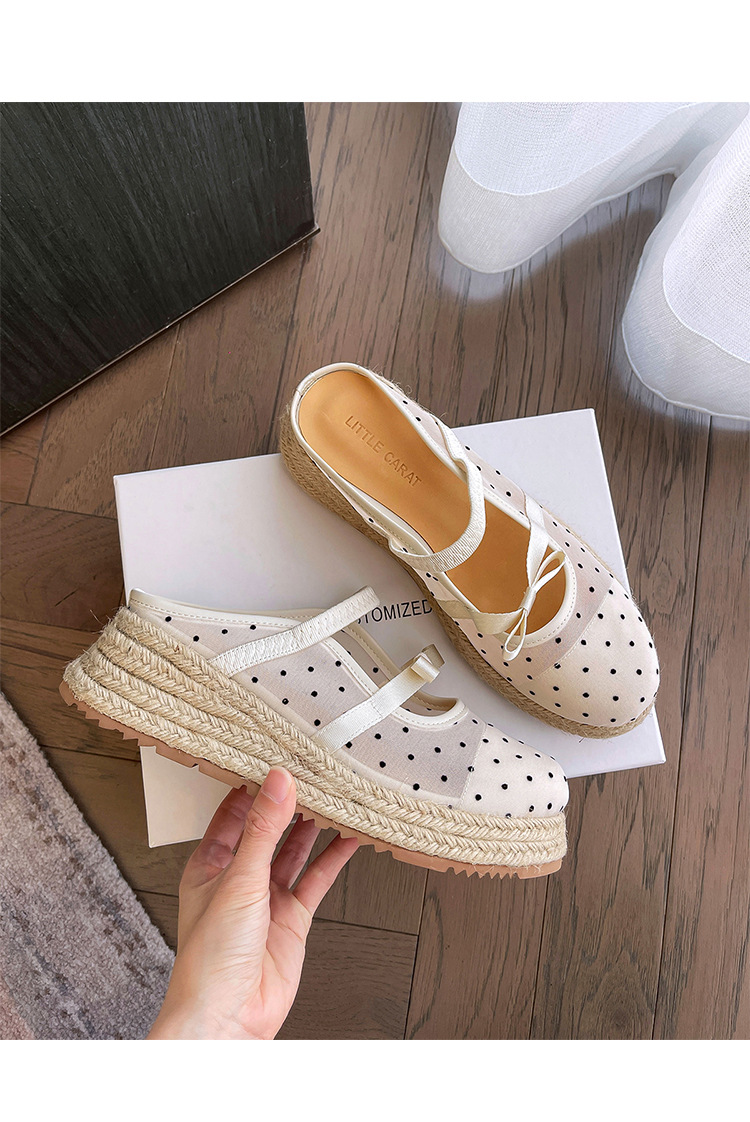 Xăng đan gót xuồng dệt đế dày 5cm bít mũi lưới phong cách nghỉ dưỡng — Lưới kim cương nóng, Lưới chấm bi, Lưới chi tiết 29