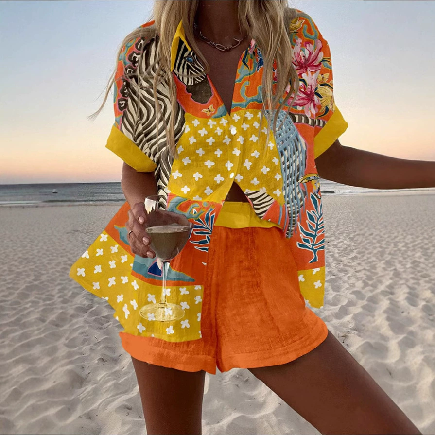 Стильный летний костюм для женщин из Европы и Америки, цифровая печать, новый дизайн, две вещи, POD