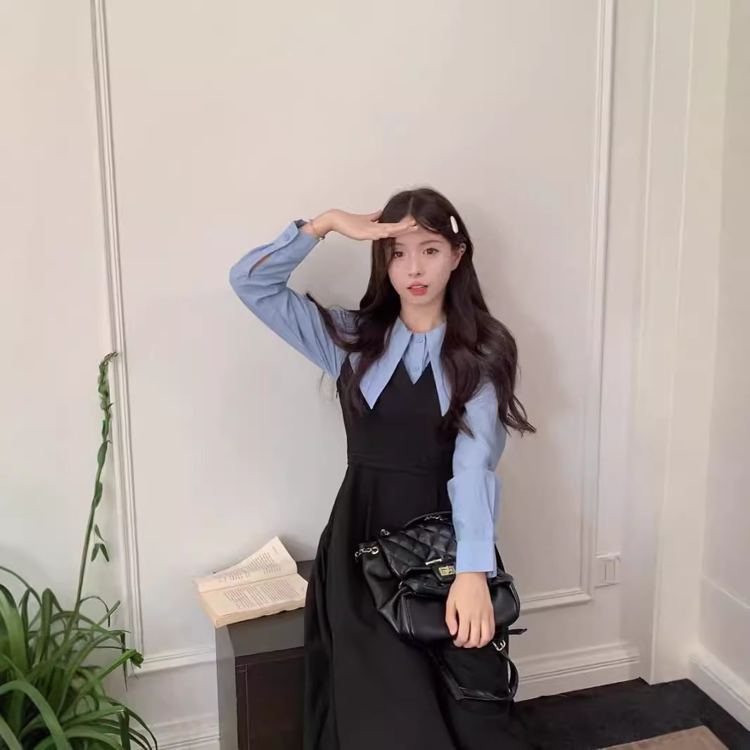 부드러운 아카데미 스타일 스티칭 작은 검은 원피스 여성용 봄 달콤한 인형 칼라 대조 컬러 바느질 허리 우아한 원피스