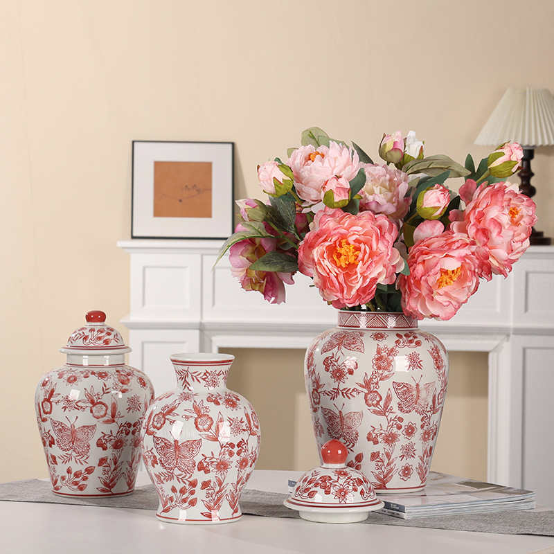 喜庆红色陶瓷釉里红花瓶将军罐新中式家居装饰摆件插花瓶陶瓷摆件