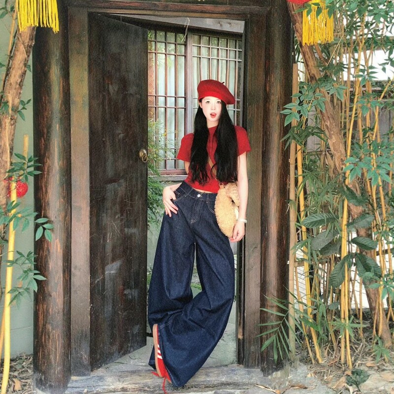 High-Waisted Wide-Leg Dark Blue Jeans for Women, Summer Retro Drapey Floor-Length Pants, Loose and Versatile, Lazy Style