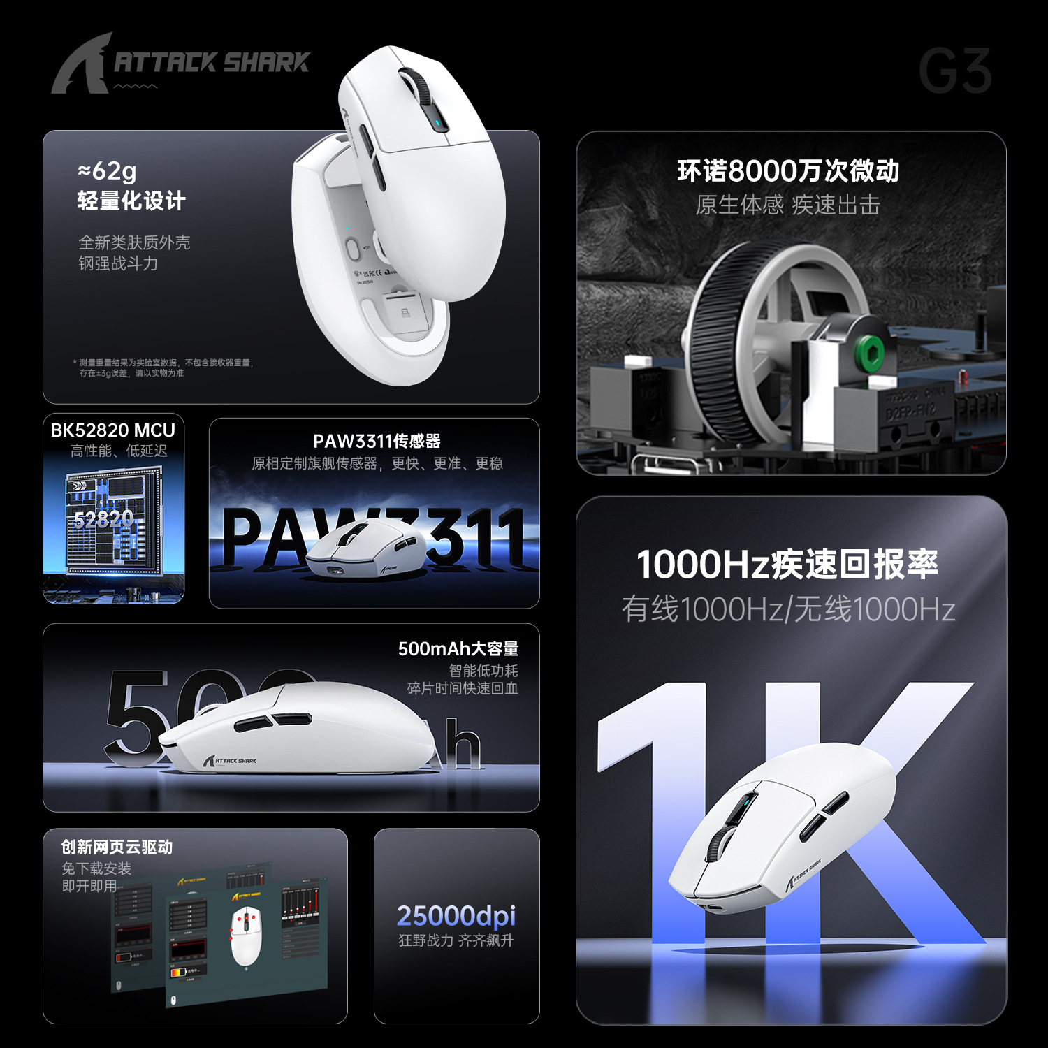 ATTACK SHARK Attack Shark G3 Wireless Bluetooth Mouse Game Esports Long-range Three-Mode Lightweight Mouse