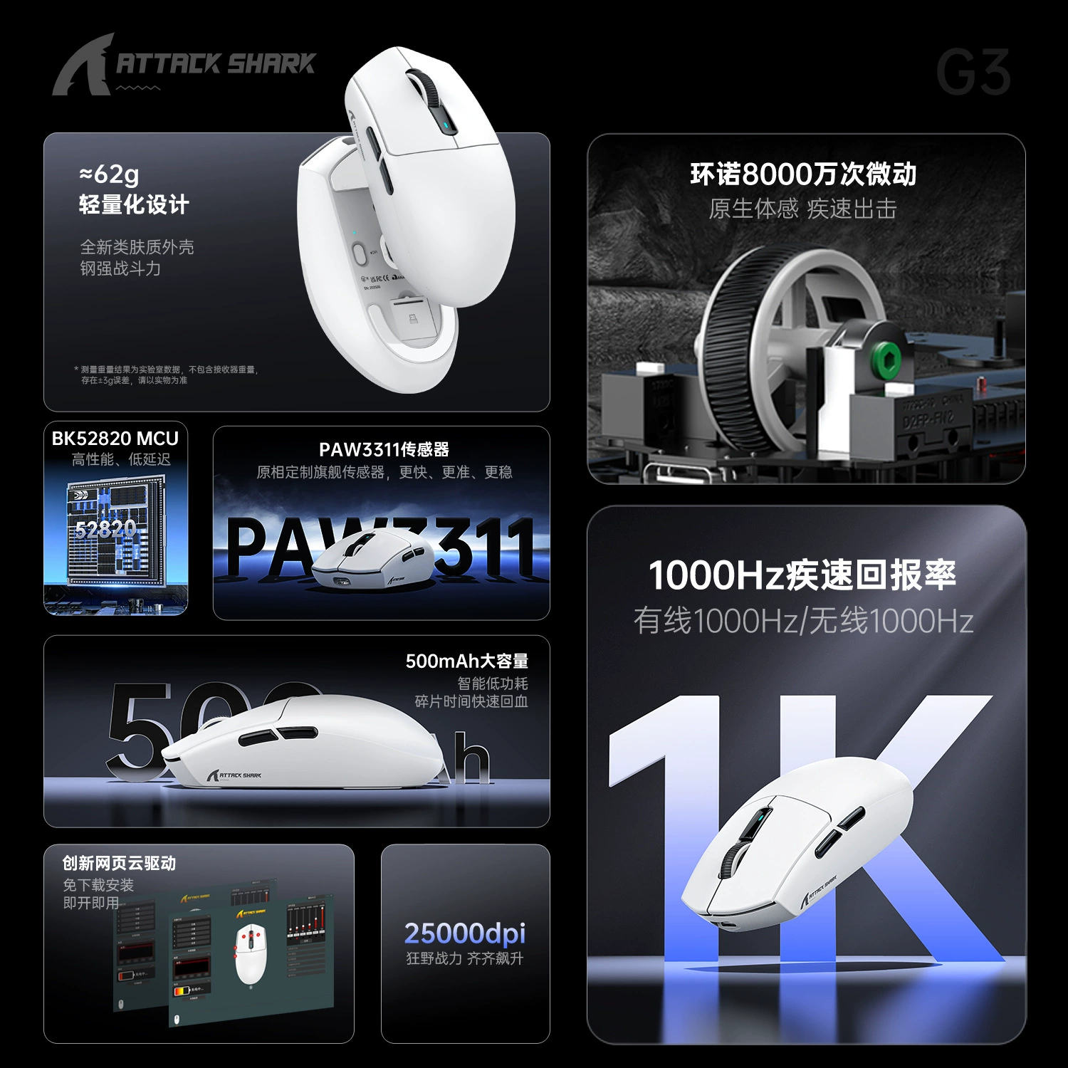ATTACK SHARK Attack Shark G3 Беспроводная Bluetooth мышь для игр, киберспорт, дальность, трёхрежимная, лёгкая