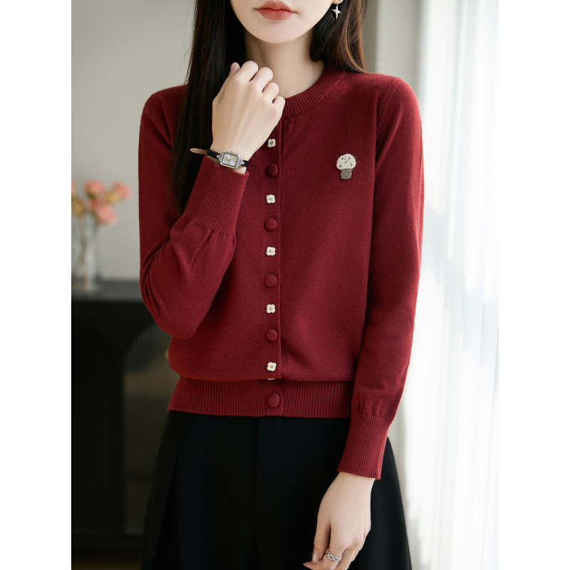 2026 Spring and Autumn New Style Andy Velvet Round Neck Knitted Cardigan Long Sleeve Women's Embroidered Mushroom Design Top Jacket