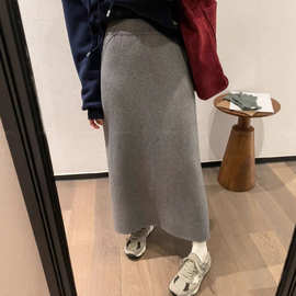 灰色加绒加厚针织半身裙女秋冬小个子高腰显瘦中长款复古A字半裙