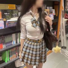 制服格裙辣妹狗短百褶裙日系校供感学生收腰衬衫套装