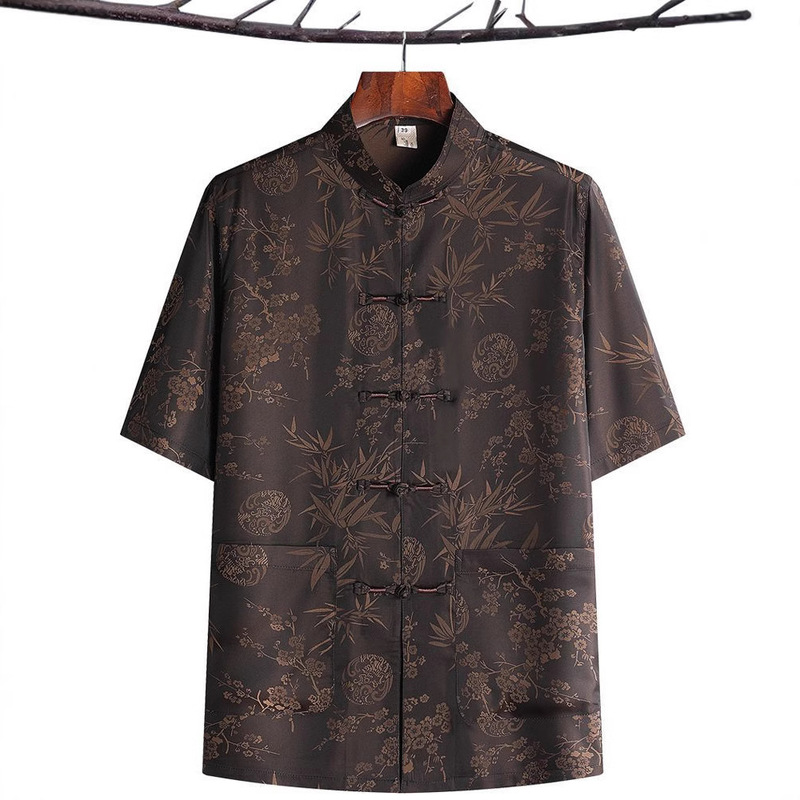 Chinese Style Tang Suit Hanfu Men's Ice Silk Short-sleeved Dad Summer Two-piece Suit for Middle-aged and Elderly Grandpa Retro Clothes