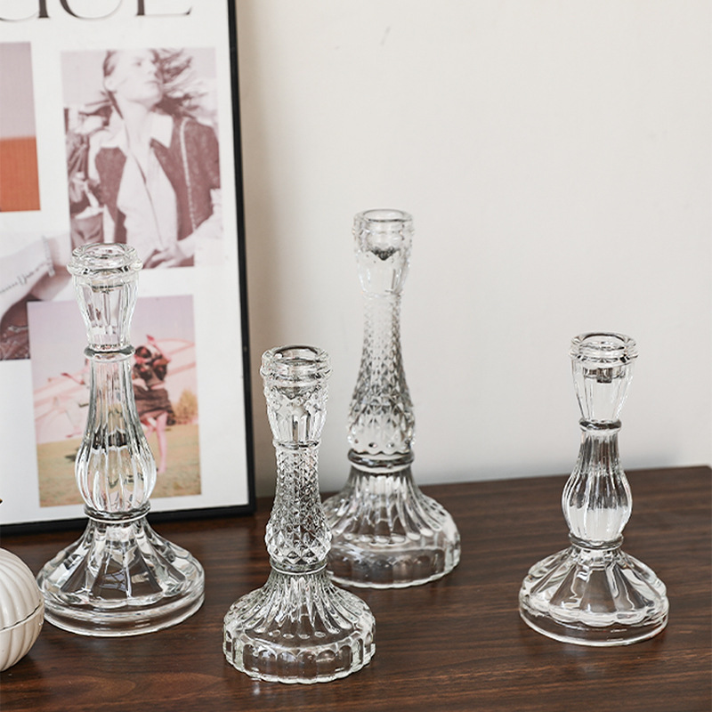 フレンチインスタ中古透明ガラス燭台置物ロマンチックキャンドルディナー燭台道具家庭装飾品|undefined