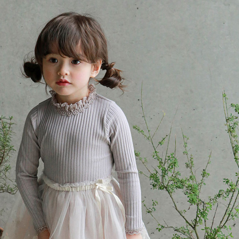 2026 Spring Collection Strawberry Shan Korean Children's Clothing Girls' Lace Collar Ribbed Versatile T-Shirt in Stock