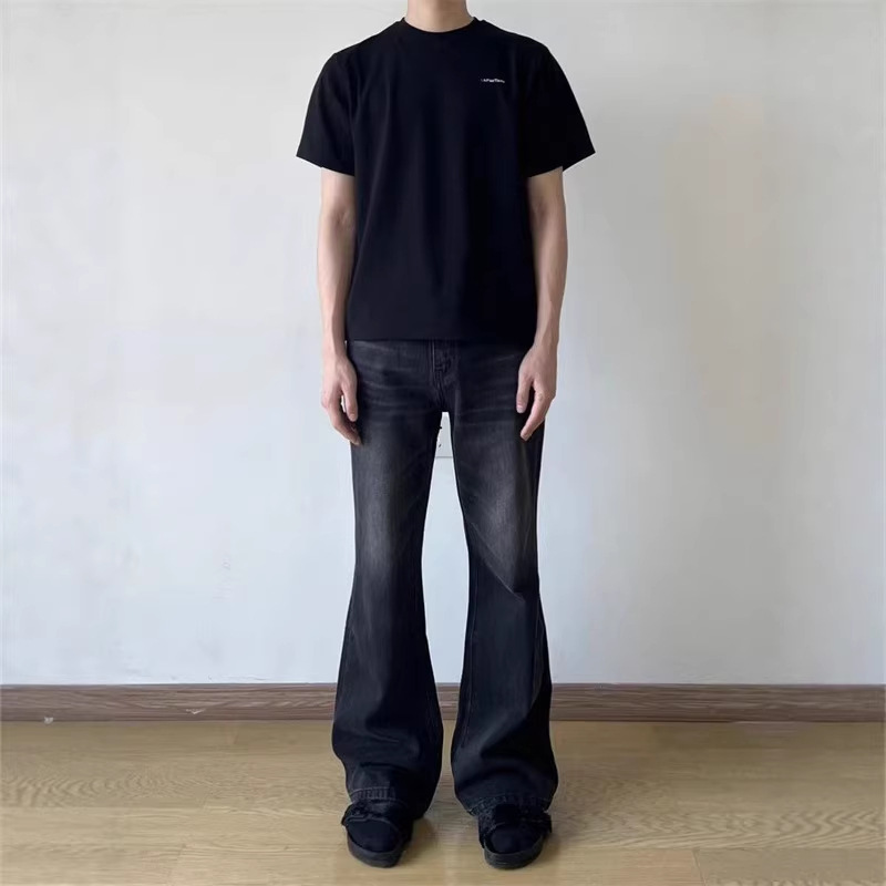 Men's Retro Washed Black Jeans Slim Fit Straight Leg Slightly Flared Long Pants Whiskered American High Street Vibe Style_mkmklike.com