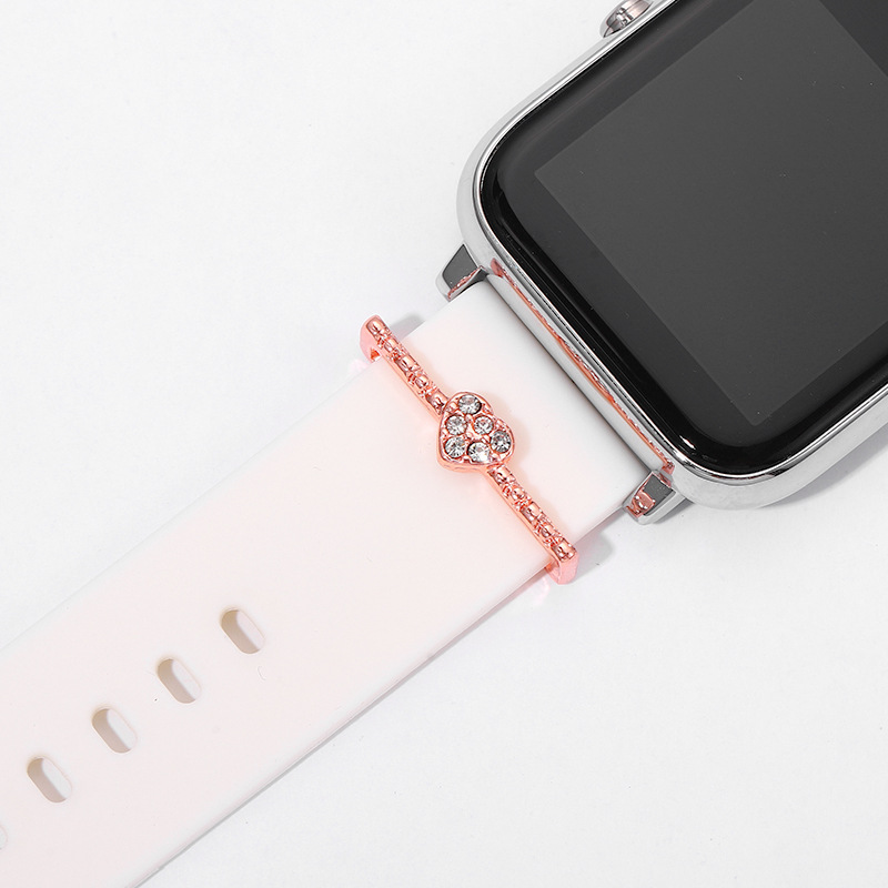 Anillo decorativo con forma de corazón incrustado con diamantes para correa de Apple Watch, estilo moderno y elegante