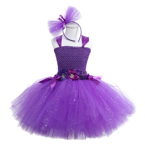 2024 Stylish Children's Pom Pom Dress Princess Nylon Purple Girls Western Handmade Tutu Dress for Girls' Birthday