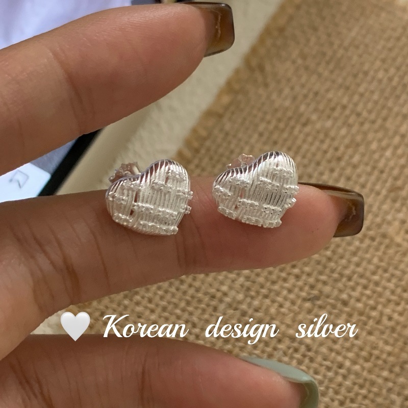韓國ins博主同款耳飾 S925純銀肌理紋愛心耳釘小眾氣質百搭耳環女