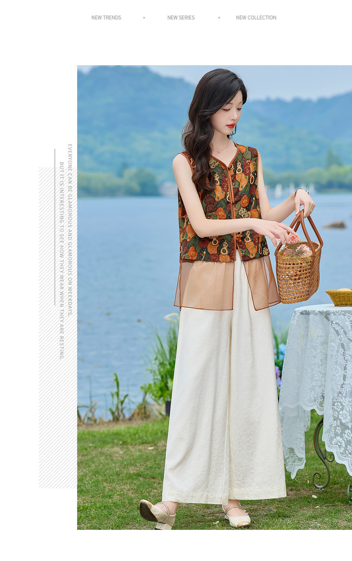 Bộ áo vest gile in họa tiết và quần ống suông phối đồ vintage nữ — Bầu hồ lô, Màu vàng chảy chi tiết 14