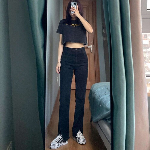 Women's Black Denim Straight-Leg Pants with a Chic Hong Kong Vibe, Loose High-Waisted, Slimming, Flowy, Floor-Length, Trendy
