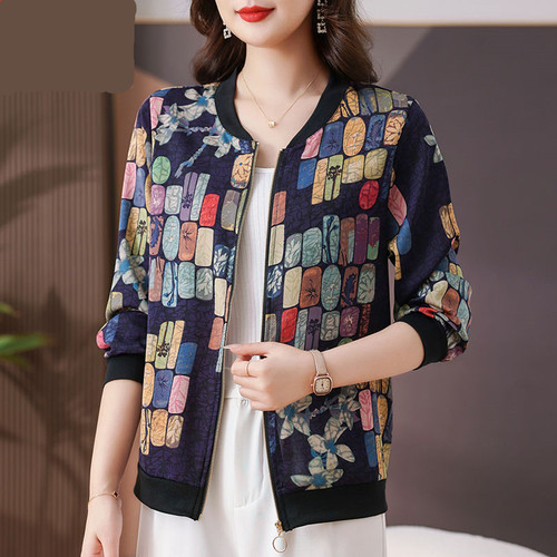 Ice Silk Chiffon Shirt, Fashionable New Chinese Style Summer Large Size Sun Protection Jacket with Print Zipper Short Coat for Middle-Aged Mothers