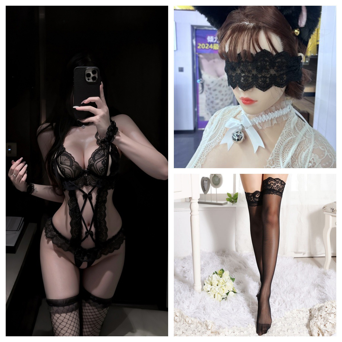 9087 black + black stockings + black eye mask