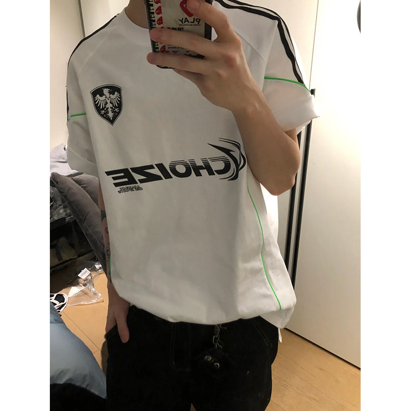 American-style Retro Street Coloring Open Line Racing Short-sleeved T-shirt Men's and Women's Loose Crewneck Functional Couple's Ball Suit Top